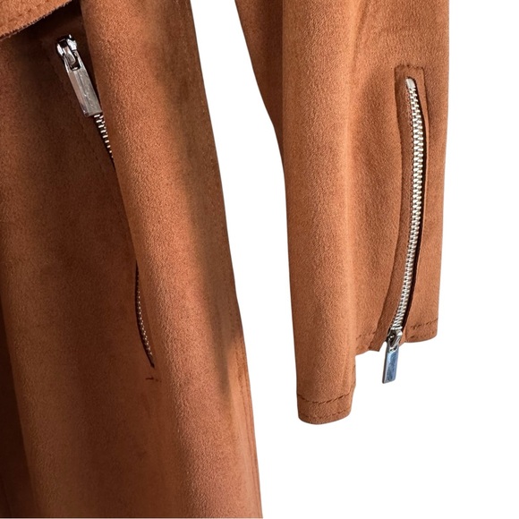 T Tahari Brown Amber Faux Leather Coat Open Front Long Belted Layering M - Picture 4 of 7